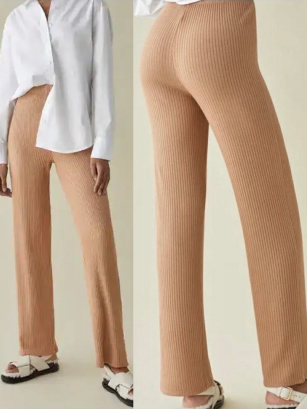Reformation Whitney Ribbed Wide Leg Lounge Pant Tan